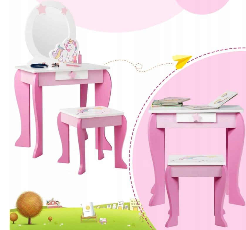 costway coiffeuse pour fille - blanc avec rose - 49,5 x 35,5 x 89 cm
