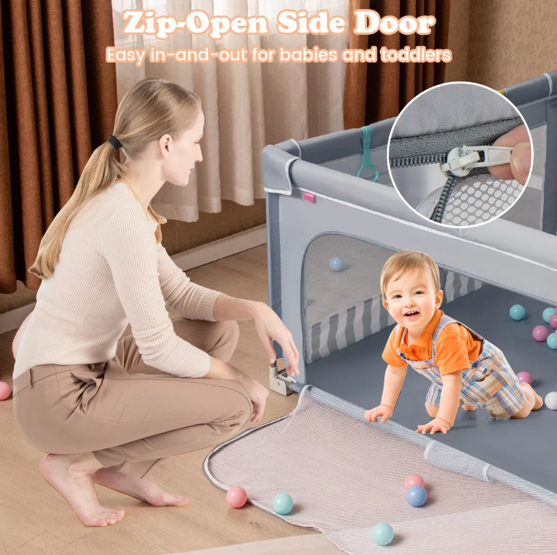 Coast Large Baby Box pliable 150x150 cm Grey - Barrière de jeu sécurisée avec fermeture éclair, 50 boules de mer et 4 anneaux de levage