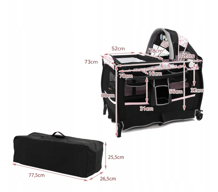 Coast 4-in-1 Lit pliant pour bébé avec baldaquin et matelas - 102 × 73 × 80 cm - Noir