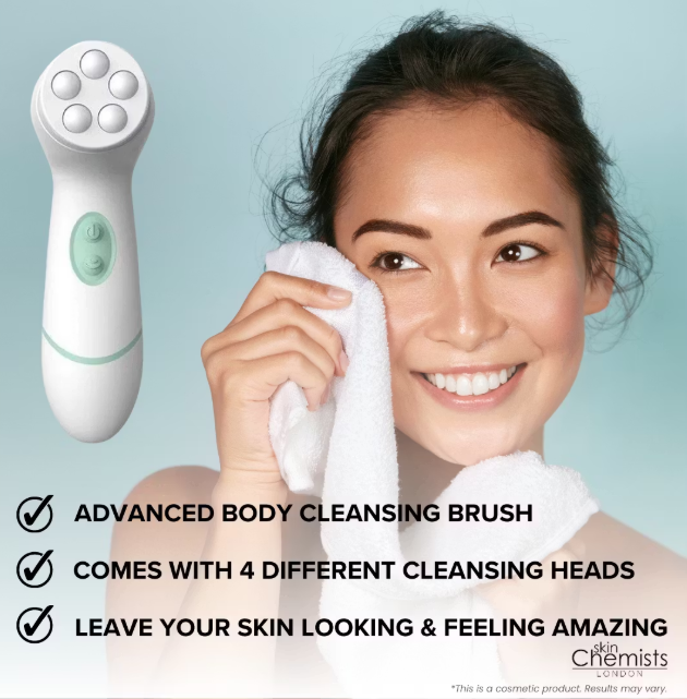 SkinChemists - Advanced Cleansing Brush Face & Body - 4 Heads - Daily Cleansing - Sensitive Skin - Make-up Removal - Massaging Head - Waterproof