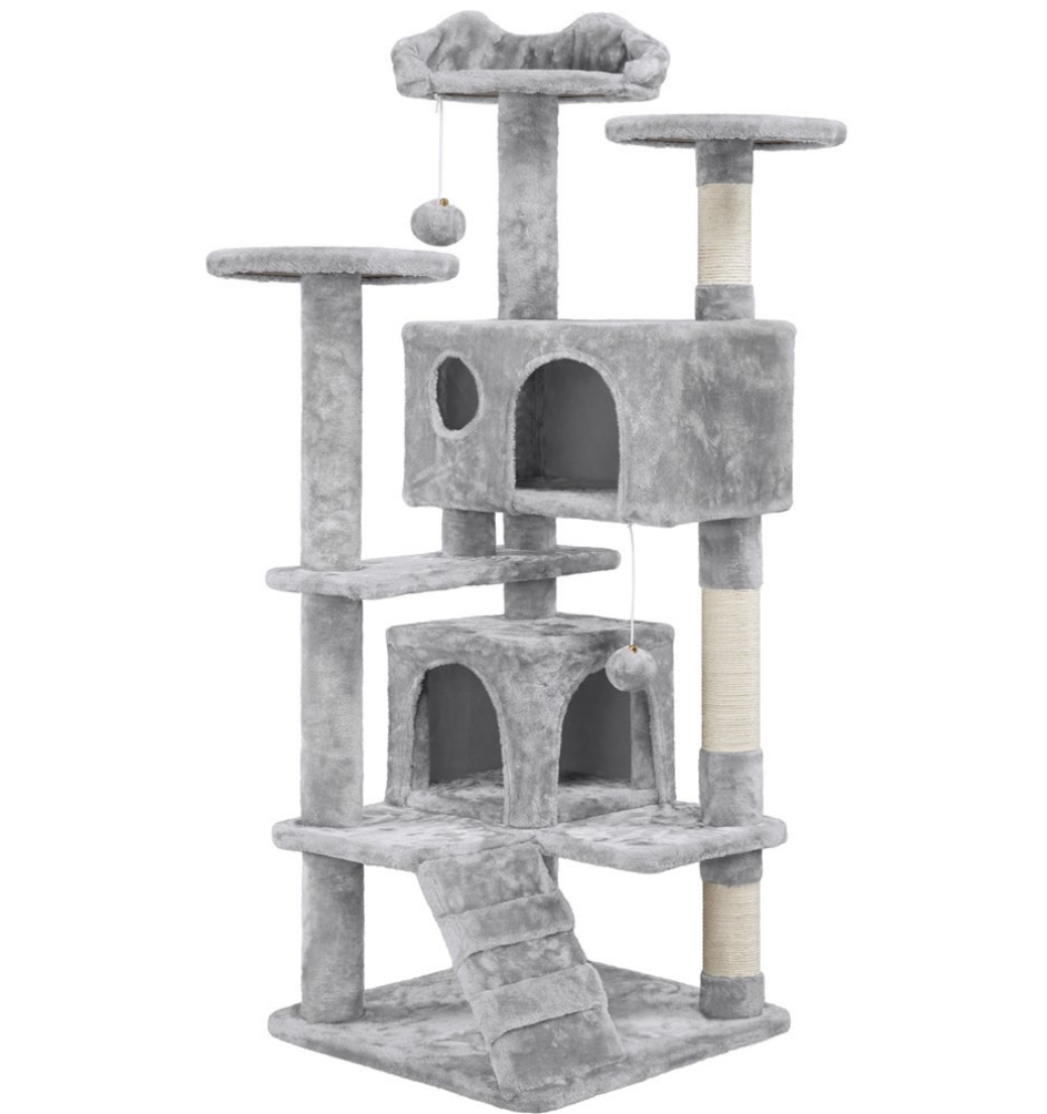 Yaheetech Griffoir 139 cm - Gris foncé - 3 Plates-formes - 2 Maisons pour chats - Poteaux en sisal
