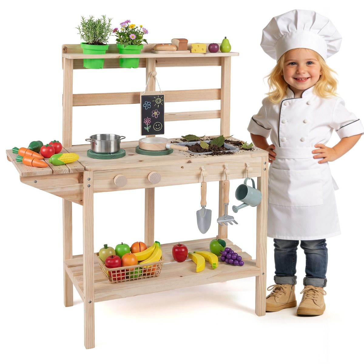 Cuisine jouet en bois Coast pour enfants - avec cuisinière et évier - tableau noir et pots de fleurs - couleur naturelle