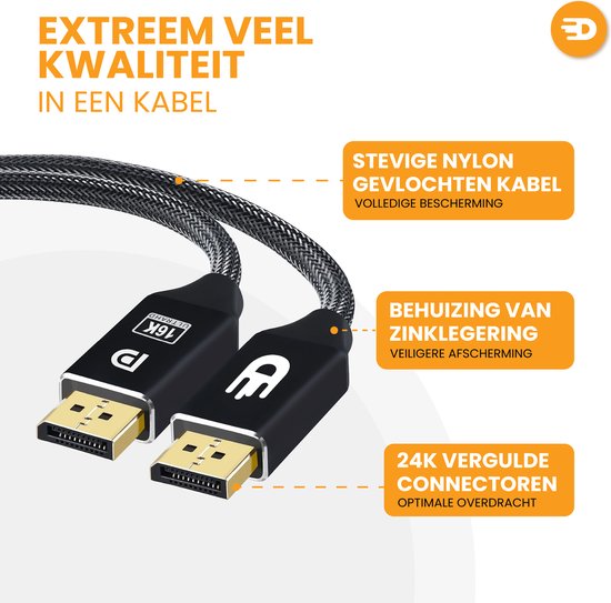 Drivv. Câble DisplayPort 2.1 - 16K 60Hz 8K 120Hz 4K 144Hz - 80Gbps - DisplayPort vers DisplayPort - Câble DP - 2 mètres - Noir