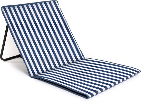Tapis de plage pliable - chaise longue - dossier réglable - facile à transporter - léger - poche de rangement zippée (rayures bleues et blanches verticales)