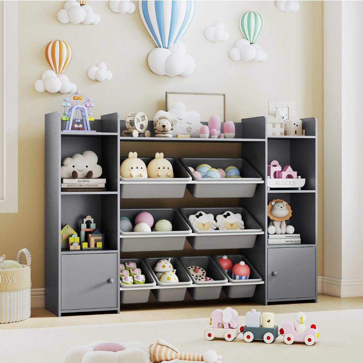 Armoire à jouets Coast à 4 niveaux - 8 bacs amovibles - étagère à livres - gris