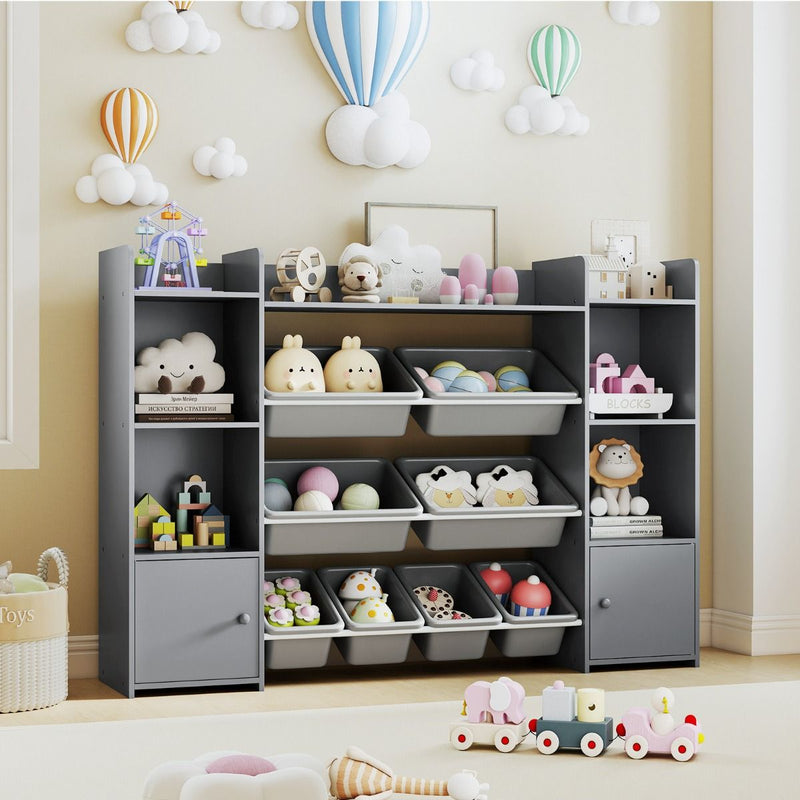 Armoire à jouets Coast à 4 niveaux - 8 bacs amovibles - étagère à livres - gris