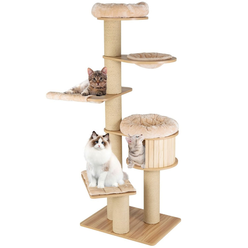 Structure d'escalade pour chats Coast - Plusieurs niveaux - Arbres à griffer et niche - Hamac et tapis lavables - Beige 75 x 56 x 191 cm