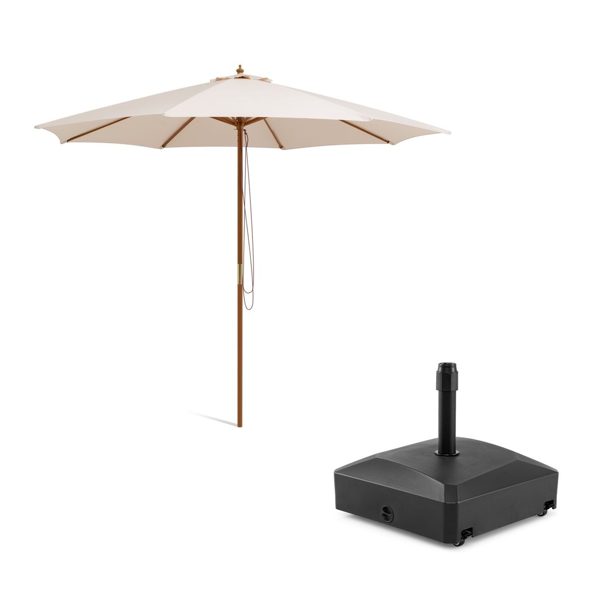 Parasol Coast avec pied de parasol - 300 cm - Système de poulie à corde - Remplissable, avec roulettes - Beige