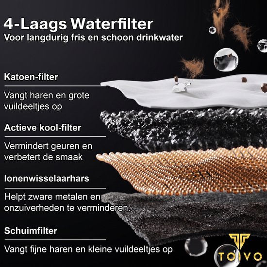 Toivo Fontaine à eau pour chat - 2,2 L - Acier inoxydable - Fontaine à eau avec fenêtre, 4 filtres inclus - Distributeur d'eau - Silencieuse - Fontaine pour chat - Abreuvoir - Bol à eau - Noir