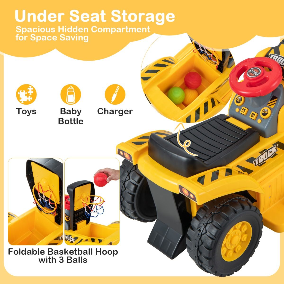Pelleteuse électrique Coast pour enfants - Avec godet orientable - Effets sonores - Jaune et noir