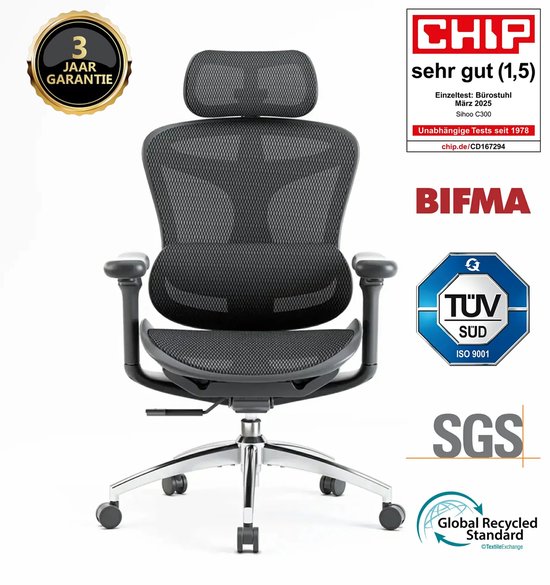 Sihoo Doro C300 : chaise de bureau ergonomique - Accoudoirs 3D - Soutien lombaire auto-ajustable - Mécanisme de réglage du poids intelligent - Dossier en maille - 3 positions d'inclinaison - Certifié TUV/SGS - Jusqu'à 150 kg - 70 x 69 x 128 cm——Noir