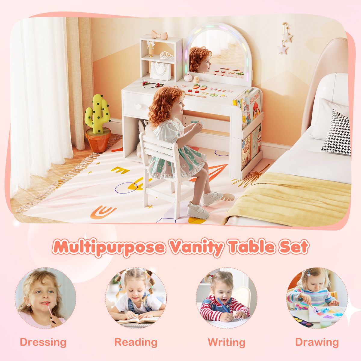 Coast : coiffeuse pour enfant avec chaise - miroir éclairé - espace de rangement - rose et blanc