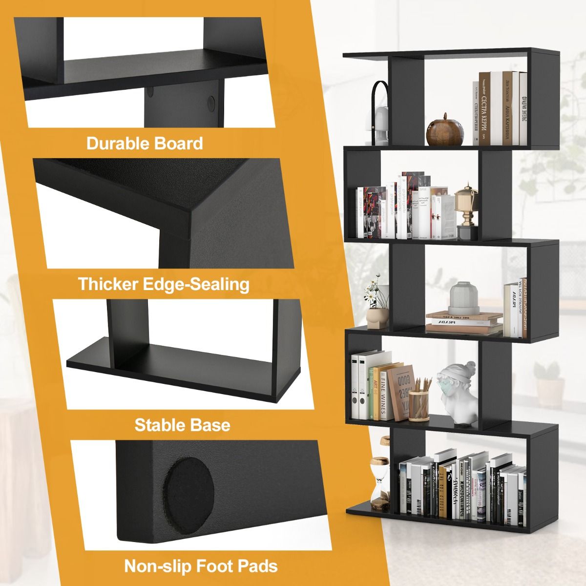 Bibliothèque Coast en forme de S - 5 étagères - meuble de rangement anti-basculement - noir - 70 x 23,5 x 158 cm