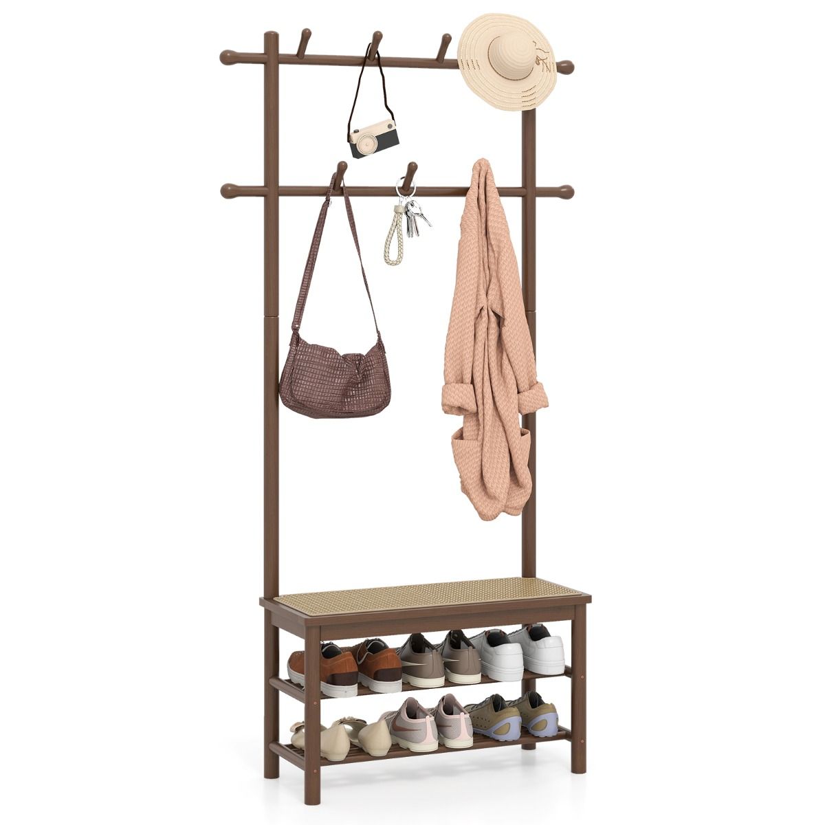 Porte-manteaux Coast en bambou avec banc - Porte-chaussures - Assise en rotin PE - Marron et naturel - 71 x 30 x 169,5 cm