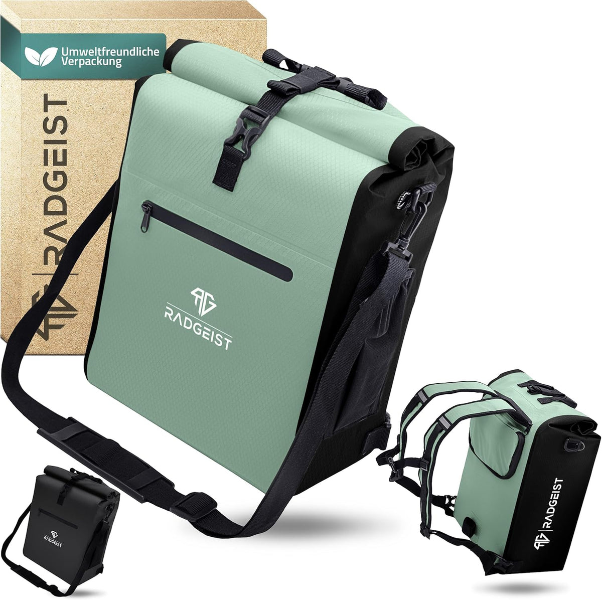 RADGEIST 3in1 sacoche vélo pour porteur - sacoche vélo étanche, extra robuste avec fermeture rapide - sac à dos vélo (25 litres) - sac à dos vélo (menthe)
