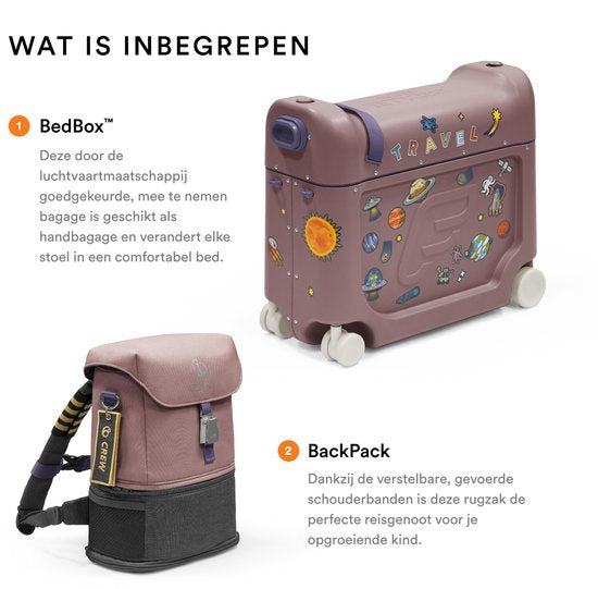 Kit de voyage Stokke JetKids, Hazy Lilac - Avec valise BedBox Ride-On et sac à dos - Pour les enfants de 2 à 7 ans (jusqu'à 35 kg)