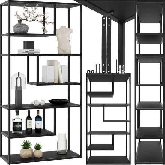 tectake® Armoire murale Venda - 85 x 35 x 188 cm - aspect industriel - cadre en acier - armoire avec protection contre le basculement - bibliothèque avec 6 compartiments asymétriques - armoire de rangement moderne pour le salon, la cuisine ou la chambre à