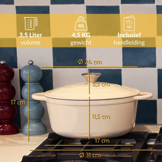 Casserole en fonte Chefarone 3,5 L - Sans PFAS - Avec couvercle - Compatible avec toutes les sources de chaleur - Émaillée blanc crème