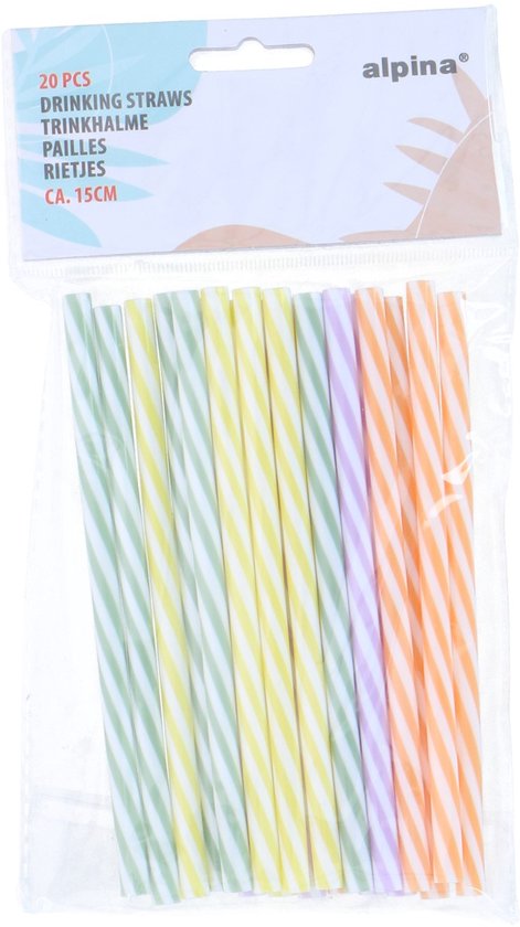Alpina Straw 20pc 4as - Lot de 20 pailles - Plastique - Lavables au lave-vaisselle - Idéales pour les boissons froides - Longueur : 22 cm - 4 couleurs rayées (orange, jaune, vert, violet)