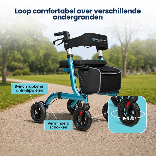 Rollator TrueSafe léger et pliable (6,9 kg) - Pour l'intérieur et l'extérieur - Avec coussin d'assise ergonomique, éclairage, dossier, support pour canne et bien plus encore - Bleu