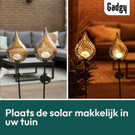 Gadgy Solar Tuinfakkel Druppel met Grondspies - Solar Tuinverlichting Set van 2 st. - Tuinsteker 90CM Hoog - Tuinverlichting op Zonneenergie Buiten - Led Buitenverlichting met Sensor - Tuinlantaarn - Koperkleurig Metaal