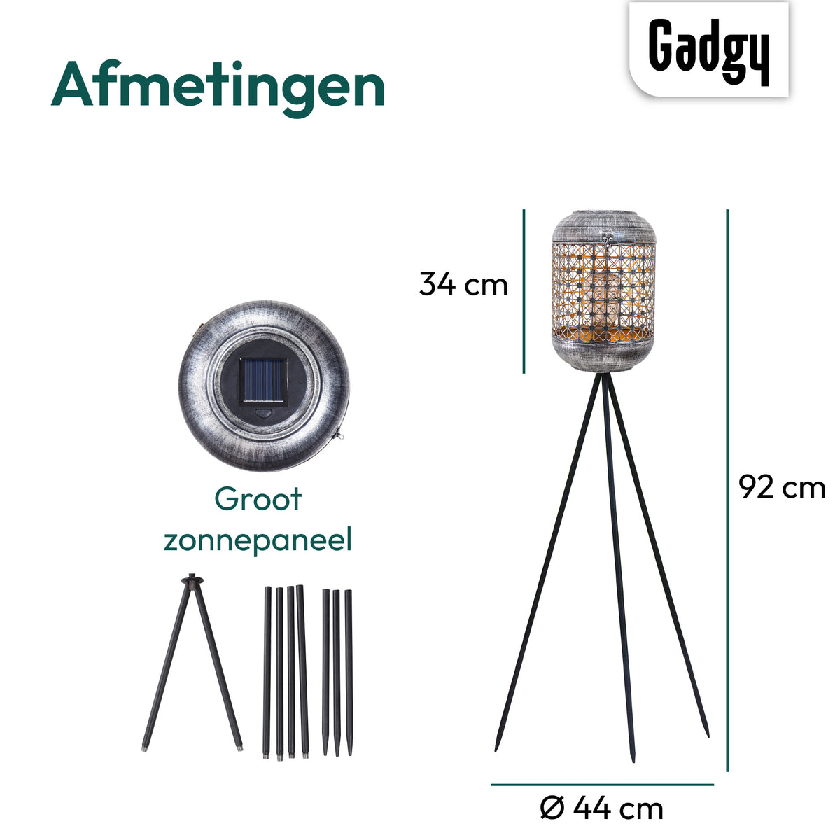 Gadgy Solar Tuinverlichting Staande Lamp Terras - Buitenlamp Zonne Energie Balkon & Tuin - Driepoot Tuinlamp Led Buiten - Tuinverlichting op Zonneenergie - Lantaarn voor Buiten Verlichting - Tuinlampen - Zilver / Zwart / Goud