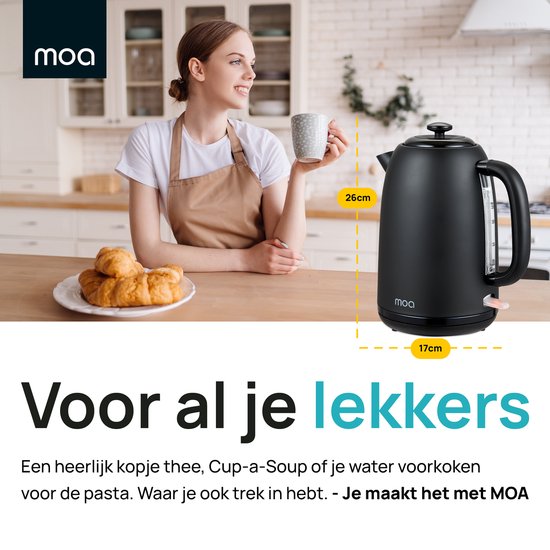 MOA Kettle 1,8 Liter - Bouilloire électrique - Avec filtre anti-calcaire et antidérapant - 2200W - Noir