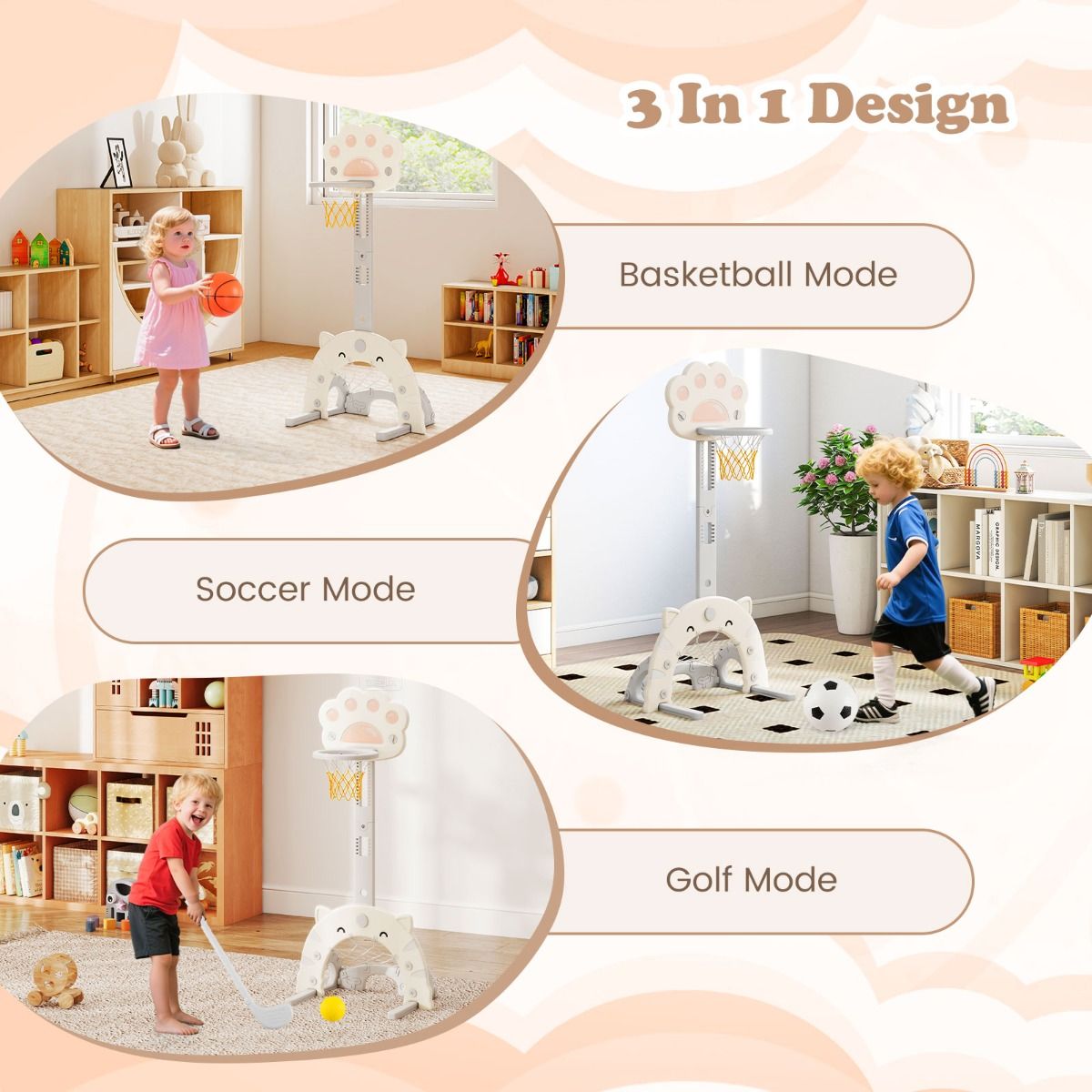 Panier de basket et centre d'activités 3-en-1 Coast - Hauteur réglable - Pour l'intérieur et l'extérieur - Gris et blanc