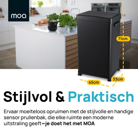 MOA Poubelle avec capteur - 68 litres - Poubelle - Acier inoxydable et ABS durable - Antidérapant - Couvercle silencieux - Mode de fermeture différée - Noir - SB03B