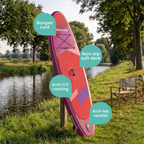 LifeGoods SUP Board All-round Compact - avec siège - capacité de charge de 100 KG - 300 x 76 cm - gonflable - ensemble complet de SUP - rouge/lilas