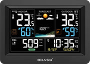 BRASQ Station météo intérieure et extérieure sans fil avec compteur de CO2 - Hygromètre - Avec capteur extérieur jusqu'à 60 mètres - Humidimètre - Thermomètre - Baromètre - piles incluses