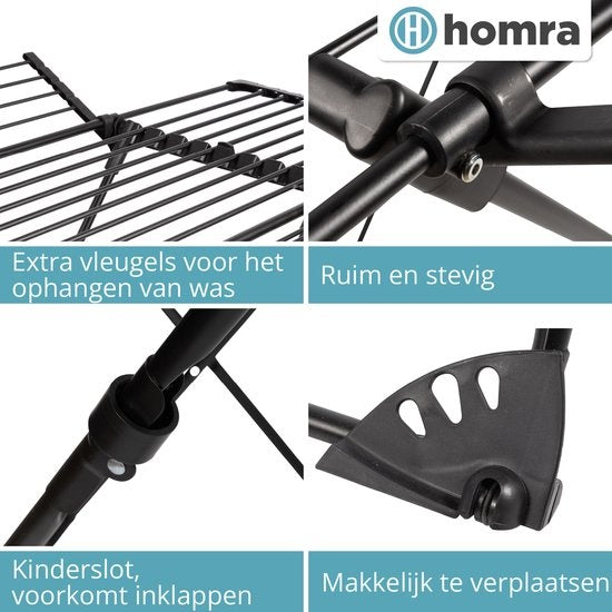 Homra étendoir à linge pliable - jusqu'à 22m de lavage - étendoir à linge pliable - étendoir à linge peu encombrant - étendoir à linge - séchage écologique du linge - 182x97x103 CM - métal noir - convient aux familles nombreuses