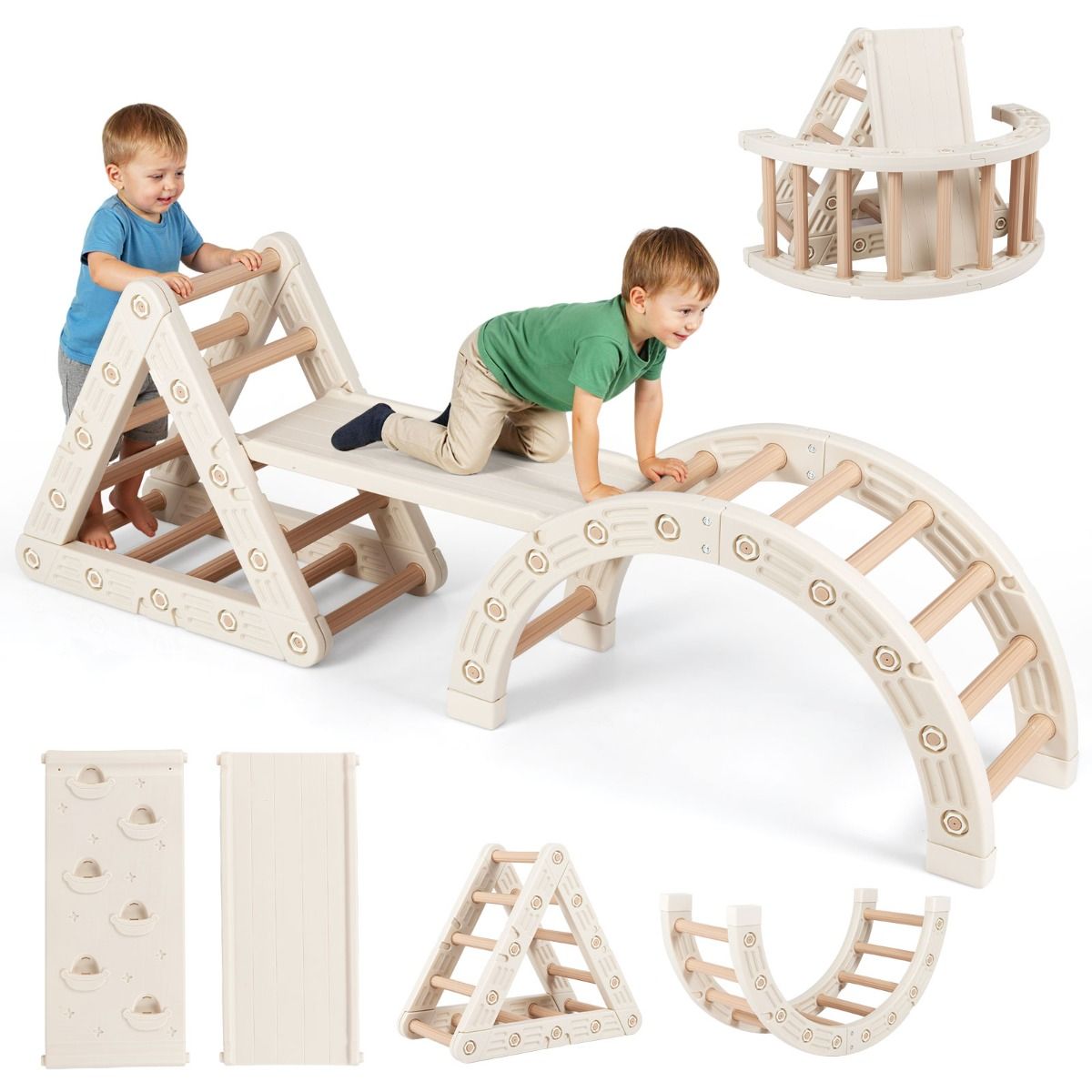 Structure d'escalade Coast Montessori pour enfants - Structure d'escalade en bois 5-en-1 avec arche et échelle double face - beige et café