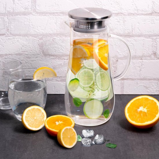 Pichet en verre Alpina 1,4 L - Pichet avec couvercle et filtre en acier inoxydable - Carafe en verre borosilicaté - Pichet transparent pour boissons froides et chaudes