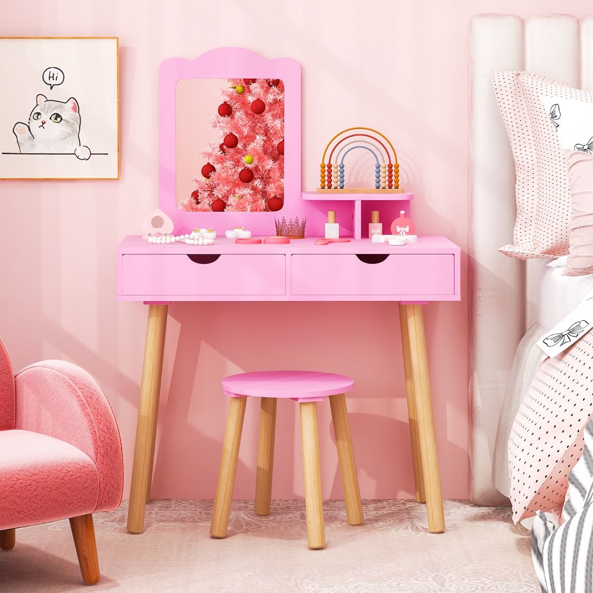 Coast Coiffeuse pour enfants - 2-en-1 avec miroir amovible - deux tiroirs et un tabouret en bois - rose