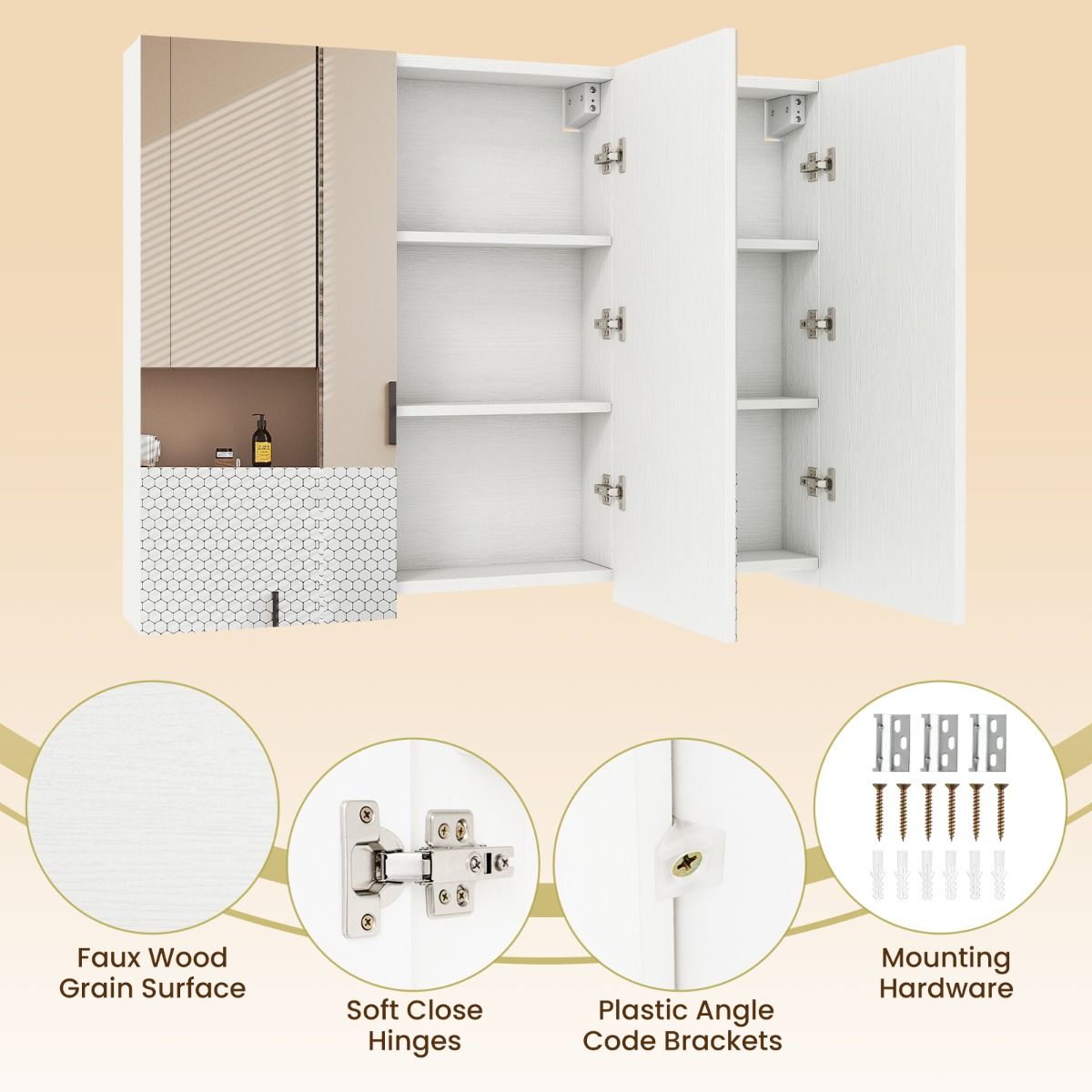 Armoire de salle de bains avec miroir mural Coast - trois portes - 6 compartiments - blanche - 87 x 65 x 12,5 cm