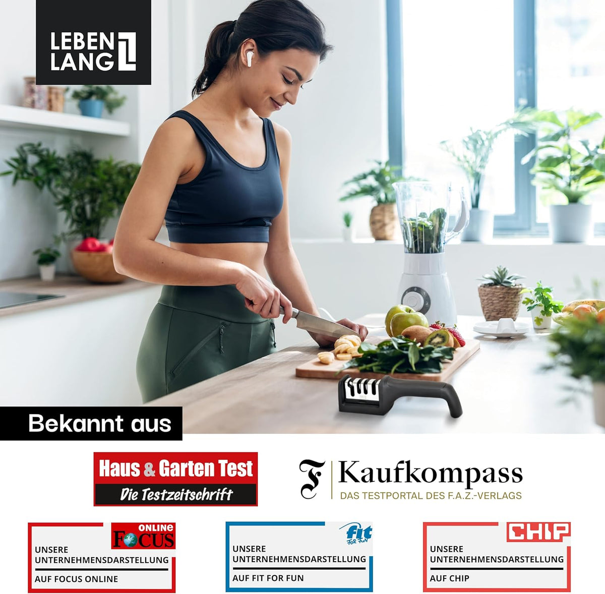 LEBENLANG Aiguiseur de couteaux - 4 niveaux - 22 x 6.5 x 5.5 cm - Noir