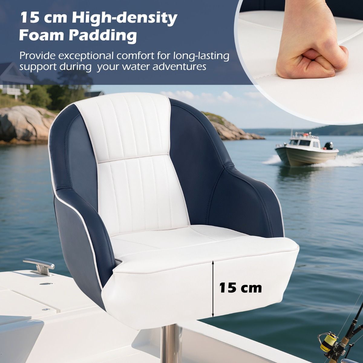 Siège de capitaine Coast pour bateau - rembourrage en mousse épaisse - cuir PVC imperméable - bleu et blanc