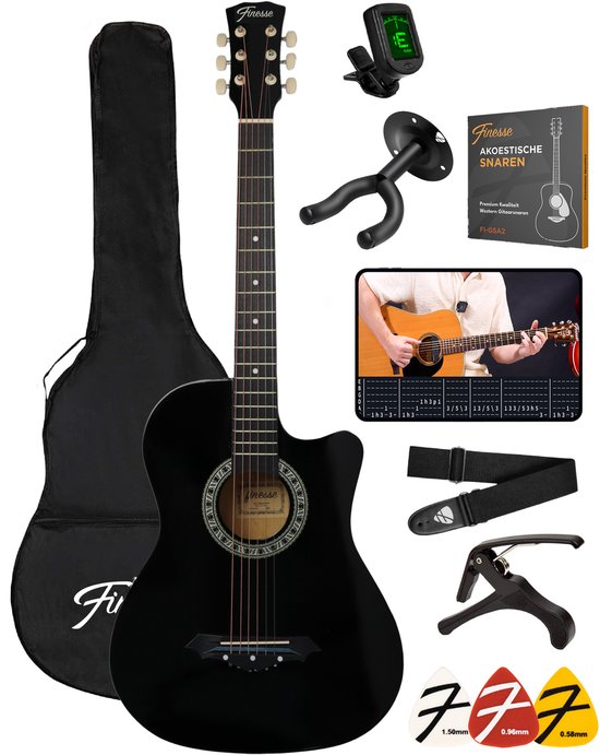 Guitare acoustique Finesse - avec cours vidéo - Guitare western - Guitare pour enfants et adultes - Noir