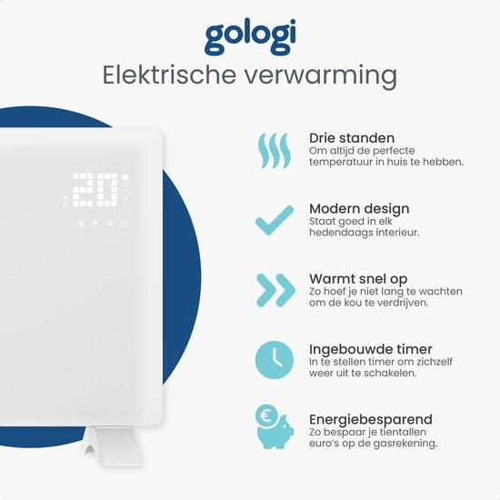 Chauffage électrique Gologi - Convecteur avec thermostat - Fonctionne par App et commandes tactiles - Jusqu'à 25m2 - 2000W Heater - Blanc