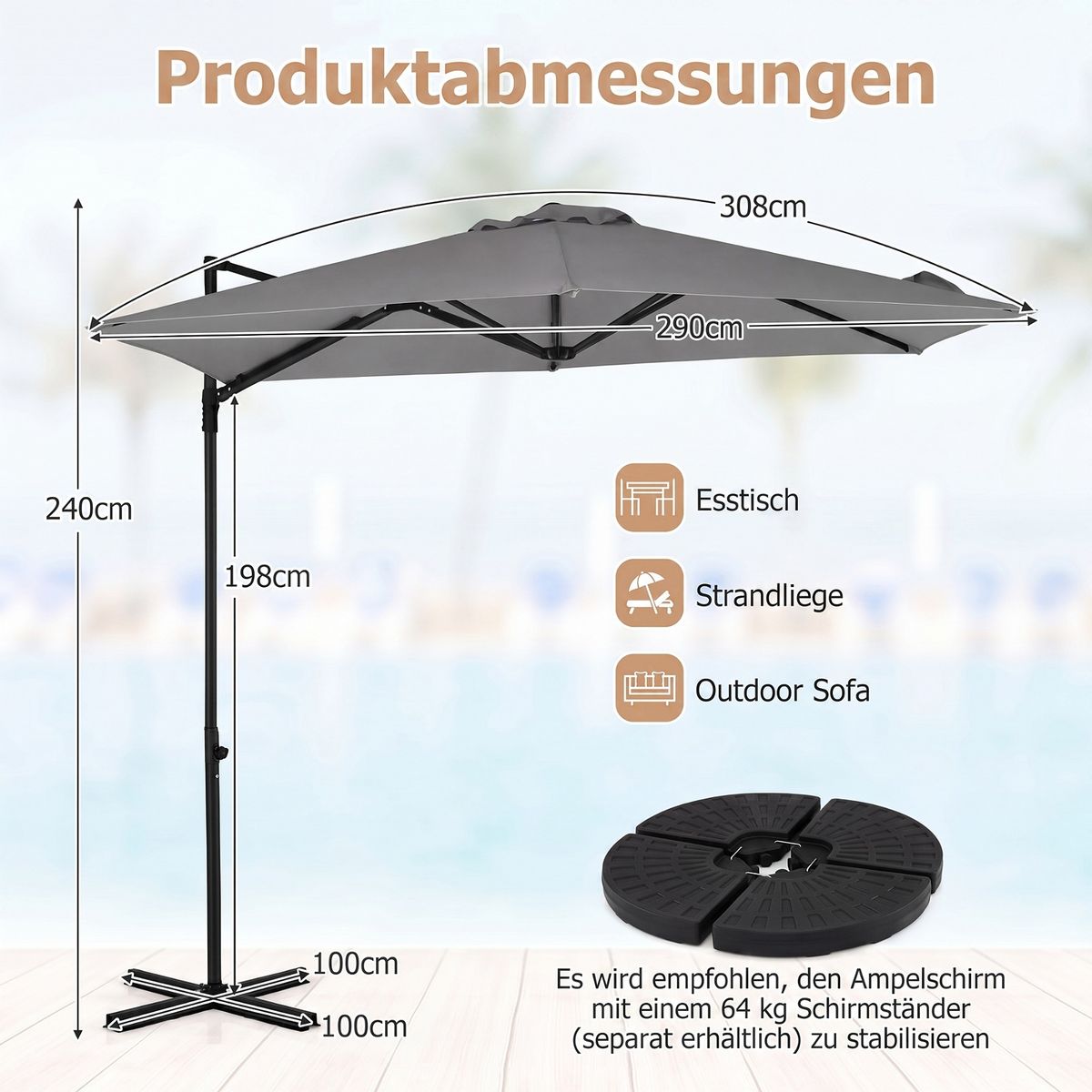 Parasol suédois Coast - pivotant à 360° - double toile - gris/beige - 290 cm