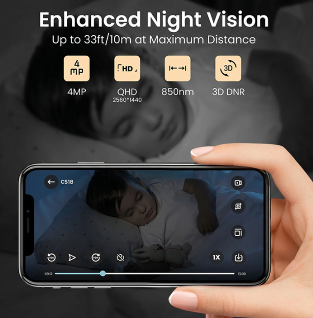 Caméra d'intérieur ZOSI - 4 MP 2,5K - Wi-Fi - Orientable à 360° - Détection de mouvement - Vision nocturne - Audio bidirectionnel - Commande via l'application
