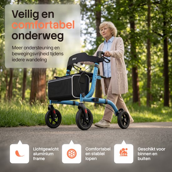 Rollator Brixy - Léger et pliable - Roues en caoutchouc à 360° - Siège intégré - Utilisation à l'intérieur et à l'extérieur - Dossier, sac et support pour canne - Bleu