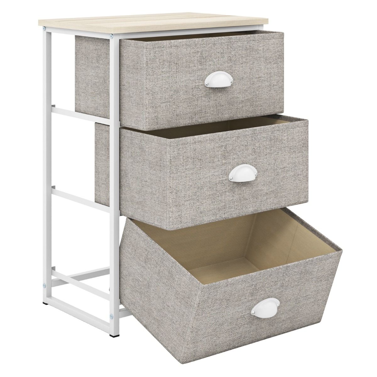 Commode Coast à 3 tiroirs - Meuble de rangement avec tiroirs rabattables - Structure métallique - Blanc et gris clair
