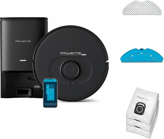 Robot aspirateur OttoSimon noir, pour nettoyage à sec et humide, avec fonction de lavage des sols et application.