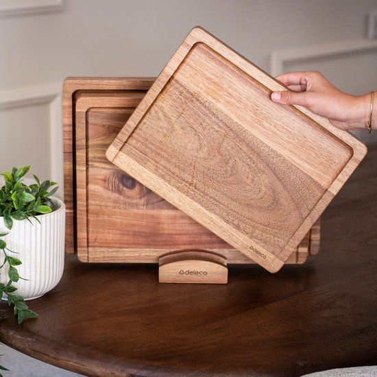 Deleca 3x Set de planches à découper Culina - Epaisseur 3 cm - Planches à découper (33x25 / 38x28 / 43x30 cm) - Avec support - Pour la cuisine, planche à servir, planche à fromage, planche à boire, planche à découper et planche à tapas - Bois d'acacia