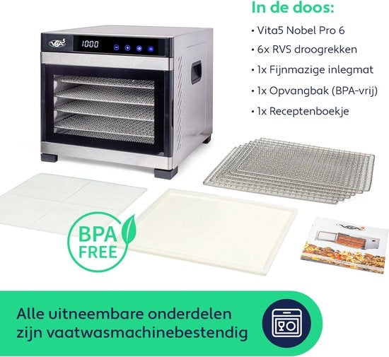 Vita5 Nobel PRO 6 Déshydrateur alimentaire - Four de séchage - acier inoxydable - minuterie 24 heures - panneau de contrôle LED - Déshydrateur - 6 couches