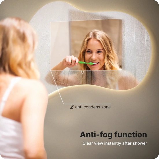 Miroir de salle de bains Mirlux avec éclairage LED et chauffage – Miroir mural asymétrique – Miroir de douche anti-buée – Sans cadre – 100 x 70 cm