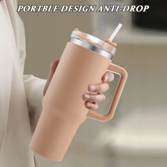 Gobelet isotherme sans marque, 1200 ml, en acier inoxydable, avec paille et poignée - Nude