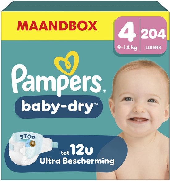 Pampers Baby-Dry Taille 4 - 204 couches - 9 kg à 14 kg - Coffret mensuel